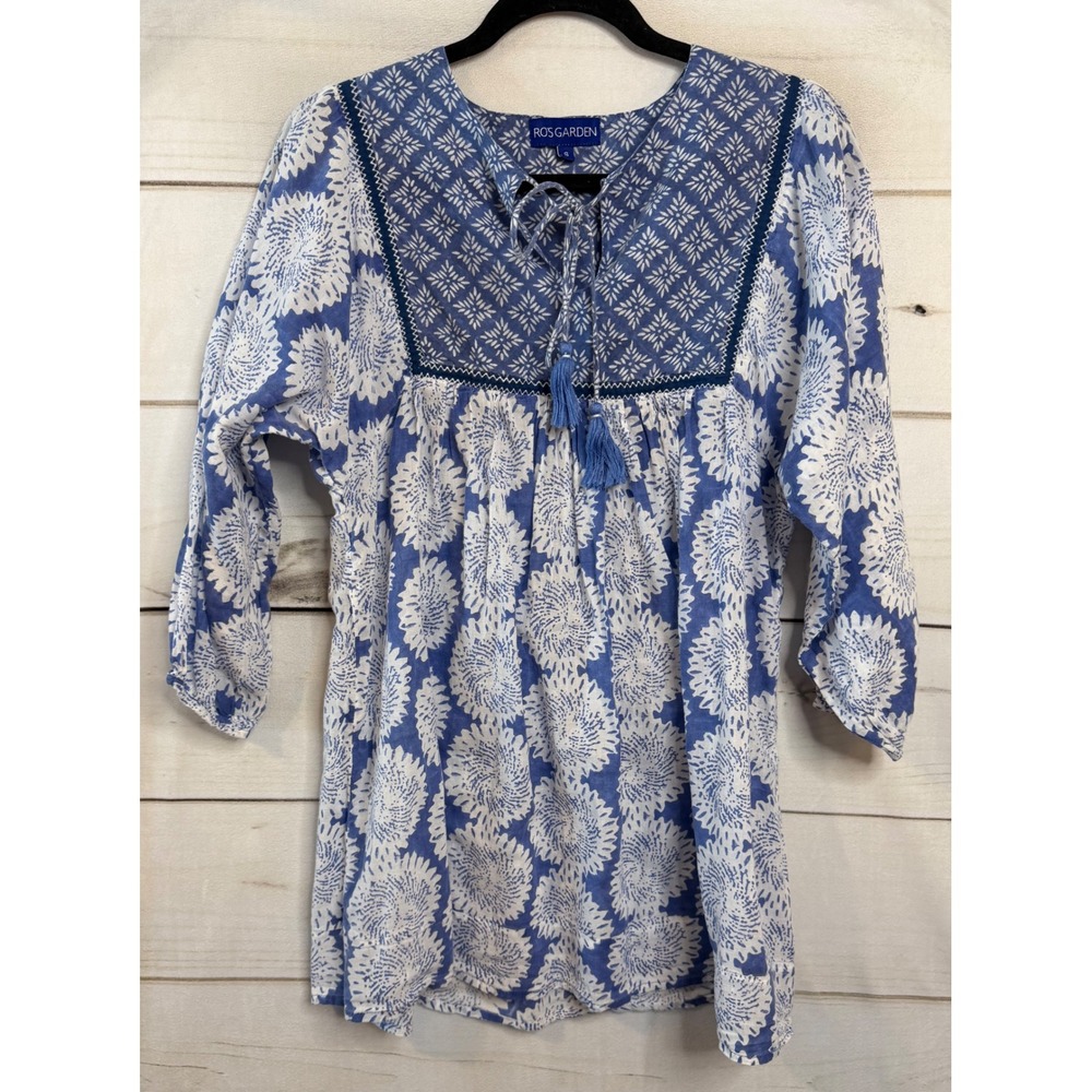 Ros Garden Blue White Floral Cotton Block Print Tassel Tunic Top Womens Small
